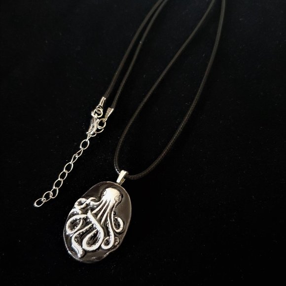 Handmade Ceramic Black Octopus Kraken Pendant Necklace - Picture 8 of 14